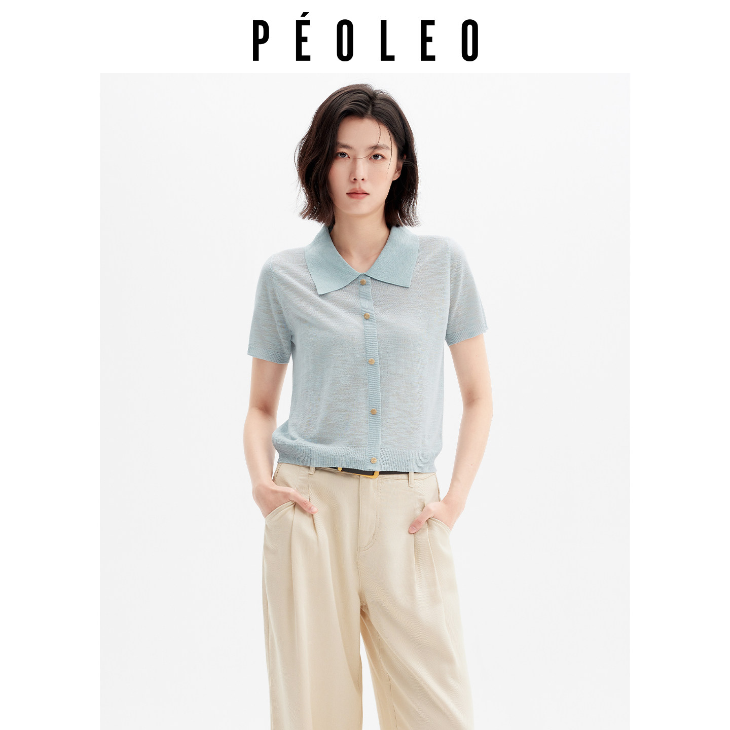 飘蕾POLO领短袖轻薄针织衫女