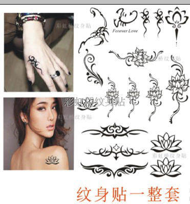 图腾纹身贴虎口腰花脚踝蝎子黑色莲花藤蔓防水刺青女纹身性感花朵