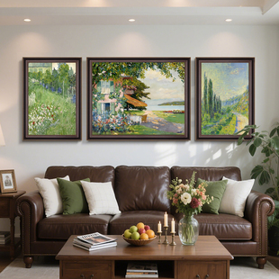 美式 饰画世界名画莫奈油画挂画高级感复古绿色三联画 沙发背景墙装