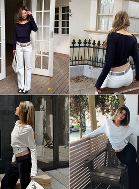 Audwyn天丝荡领收腰长袖T恤女松弛感显瘦内搭短款高腰百搭上衣