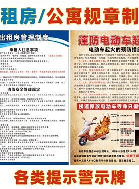 公寓规章制度出租房消防制度电动车禁止充电警示海报承租人须知公寓管理规定租户注意事项消防安全管理规定