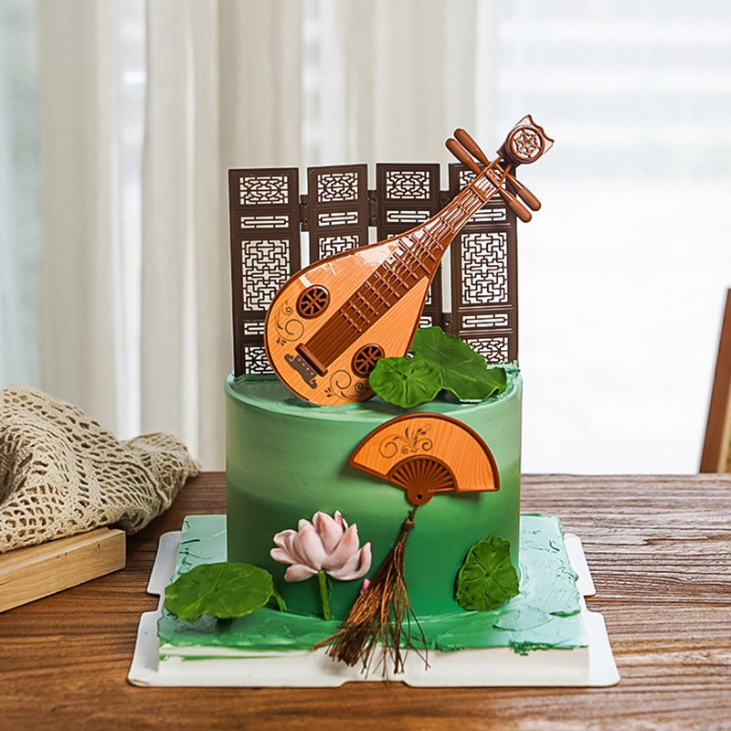 国风古风荷塘月色生日蛋糕装饰塑料琵琶摆件中国风屏风烘焙装饰