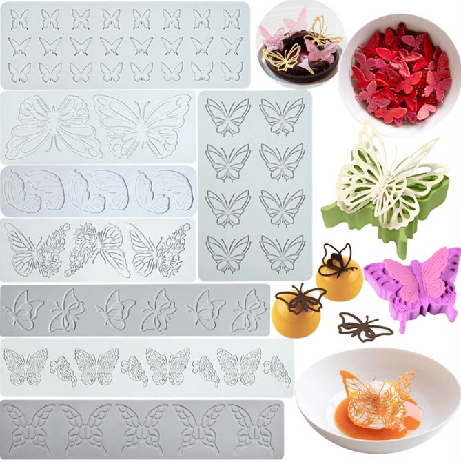 创意镂空蝴蝶硅胶模具 蕾丝分子料理摆盘装饰硅胶脆片点缀磨具