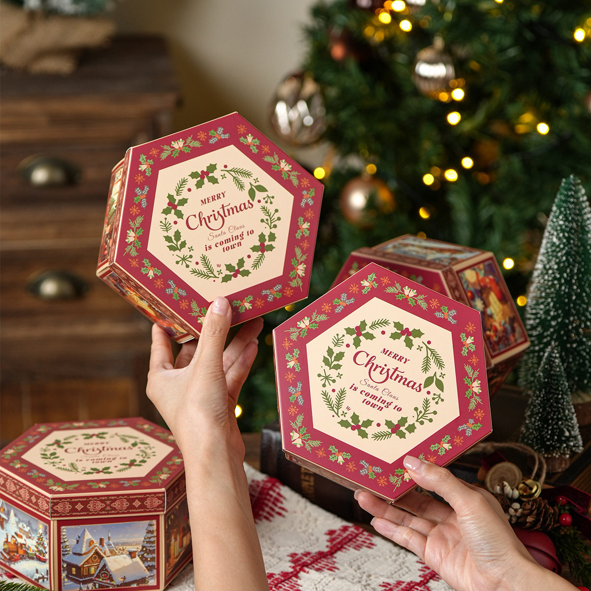 圣诞节烘焙包装盒雪花酥饼干牛轧糖曲奇奶枣点心手提礼品打包盒子