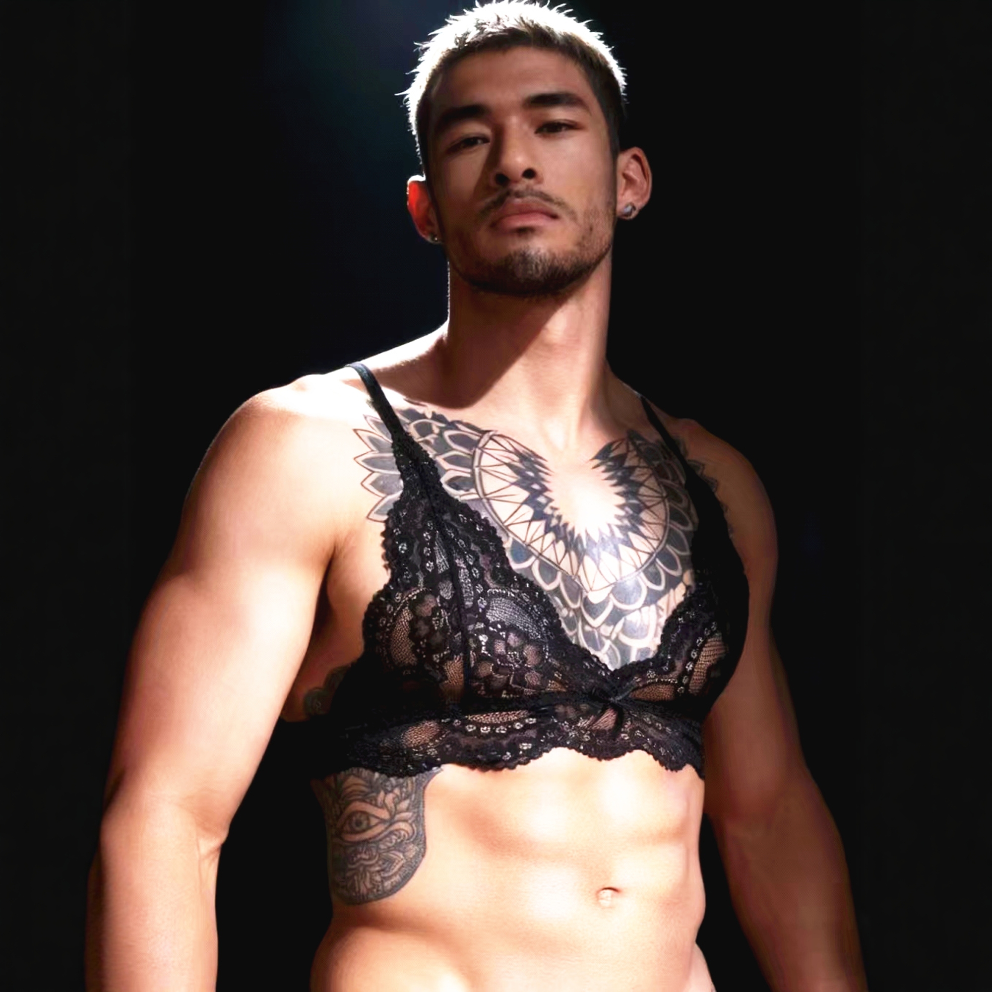 性感蕾丝透视文胸套装男士三角内裤超薄猛男夜店酒吧表演透明诱惑