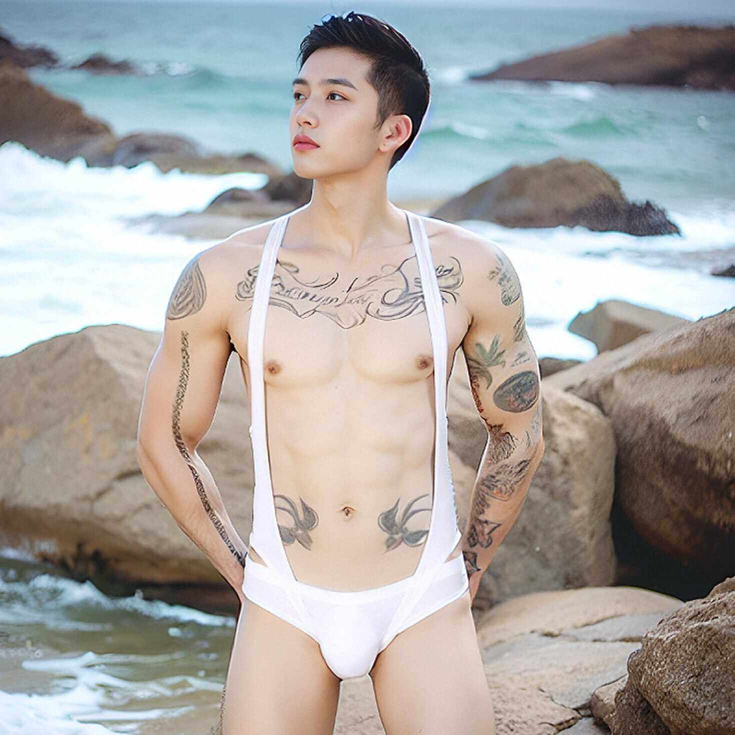 男士连体内衣半透明冰丝性感一体式紧身衣青年男生内裤镂空丁字裤