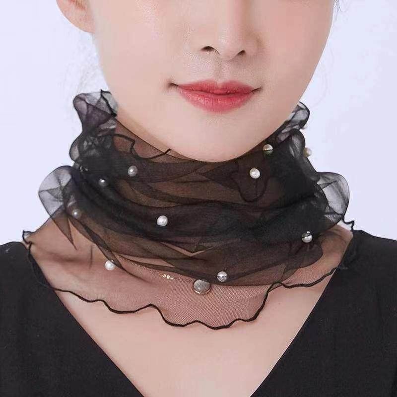 防晒面纱女春夏薄款丝巾网纱蕾丝珍珠纯色百搭时尚发带护颈脖套