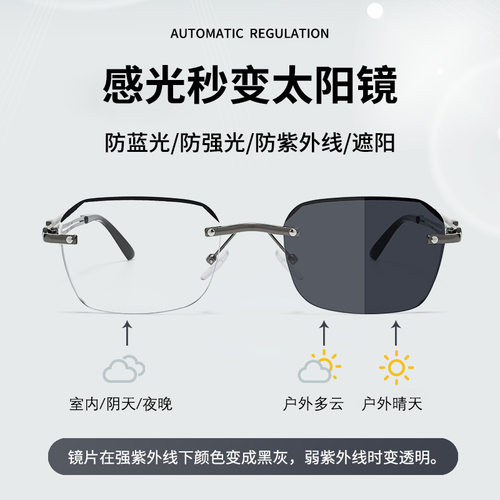 变色新款近视镜气质斯文无边框变色近视眼镜防蓝光护目男女超轻时