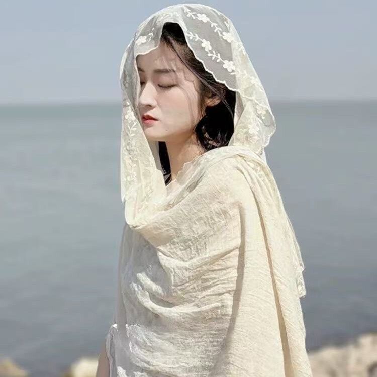 蕾丝拼接褶皱纯色棉麻围巾女秋冬季百搭长大披肩春天薄款纱巾丝巾