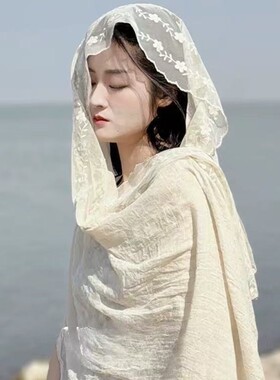 蕾丝拼接褶皱纯色棉麻围巾女秋冬季百搭长大披肩春天薄款纱巾丝巾