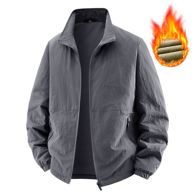 新款秋冬季加绒加厚男士休闲夹克外套中青年立领夹克宽松大码上衣