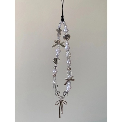 银色蝴蝶结ccd短款挂绳相机创意白色珍珠挂链配件包包装饰