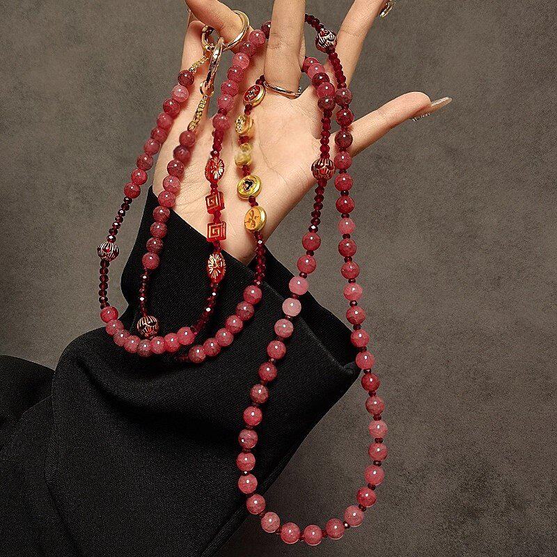 中国风财神红色水晶串珠长斜挎挂绳链条保护壳包包通用挂件女潮