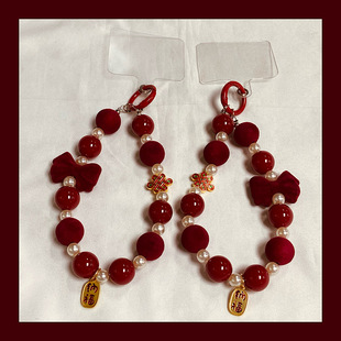 日韩ins毛绒蝴蝶结红色手环壳手链条手工串珠链钥匙扣挂饰