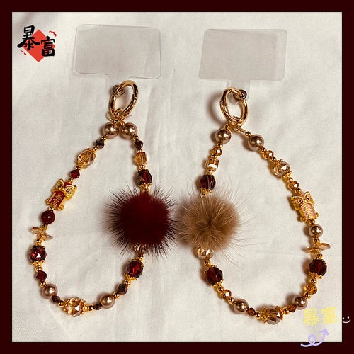 国潮醒狮合金链条新年中式轻奢水晶舞狮水貂毛钥匙扣包包挂件