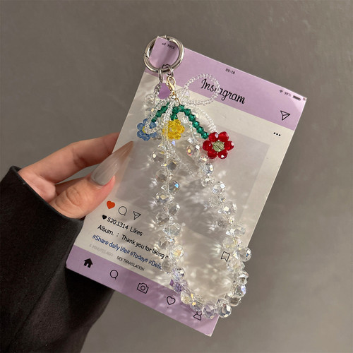 水晶花朵链条奢华水晶串珠手机壳链挂饰汽车钥匙包包挂件手拎短链 - 封面