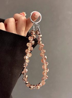 奢华高级感橙色水晶珠子手提链手腕挂绳带夹片壳钥匙扣包挂件