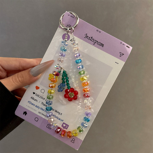 彩虹挂链水晶串珠链女多巴胺爆闪手工挂绳包包挂件汽车钥匙扣