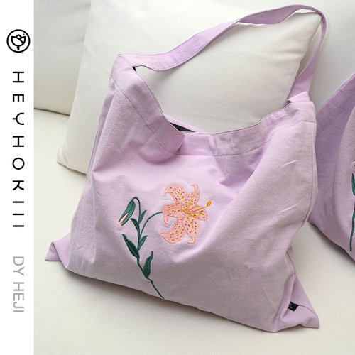 heyhokiii百合大容量简约优雅鲜花帆布包学生手提包袋女韩版单肩