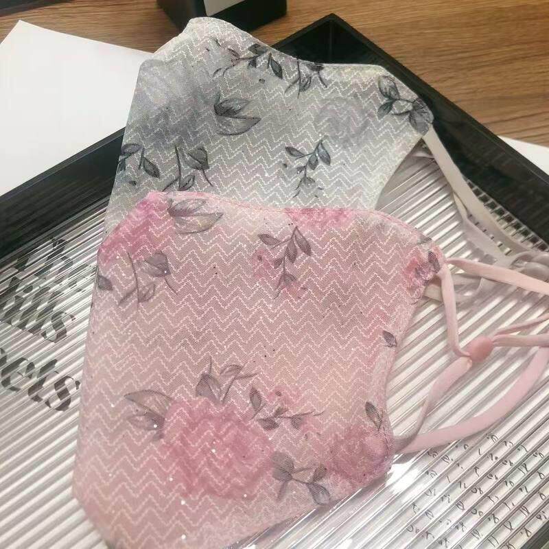 高品质夏季防晒薄款透气亮片口罩女蕾丝可调节水洗时尚气质仙女风