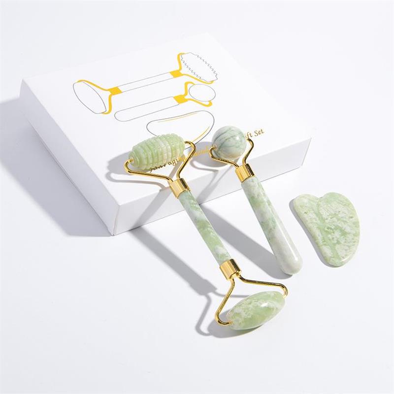 正品刮痧板脸部专用玉石滚轮按摩器套装岫玉白甲翠双头小刺滚轮院