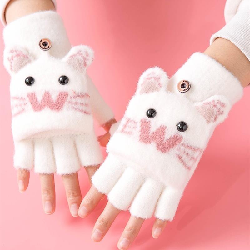 韩版儿童手套写字专用翻盖半指女五指绒毛呢冬打字保暖日韩男露指