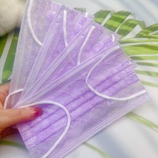 一次性网纱口罩 夏天轻薄透气款 女神浅紫色蕾丝 1层网纱+2层布
