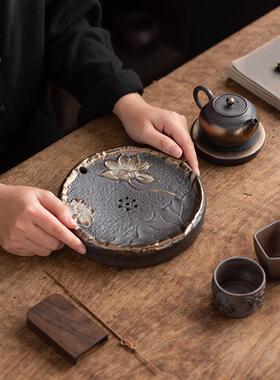 一人小茶台家用旅行功夫茶泡茶配件干泡台蓄水粗陶复古中式便携式
