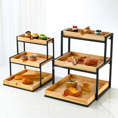 松木台面三层展示架面包饮品陈列
