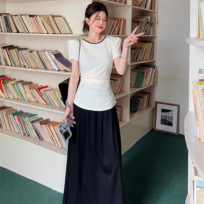 MTHE 夏季韩版简约修身性感露背圆领套头撞色T恤上衣 女款