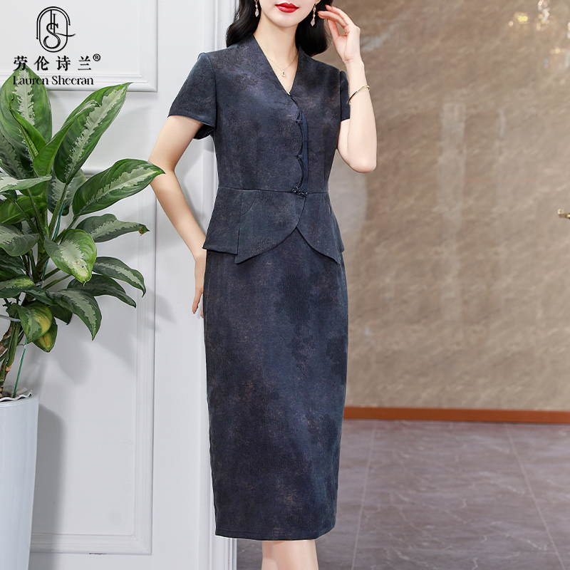 专柜正品冠乐绉香云纱连衣裙女2025新款中长款假两件妈妈装真丝裙
