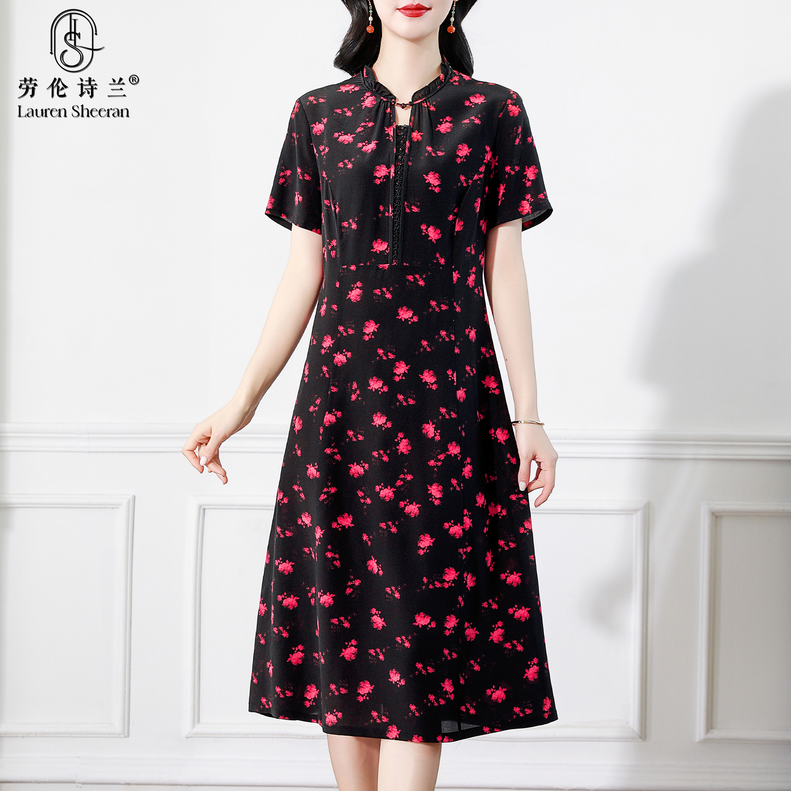 专柜正品桑蚕丝真丝连衣裙女2025夏季新款时尚印花大码显瘦妈妈装
