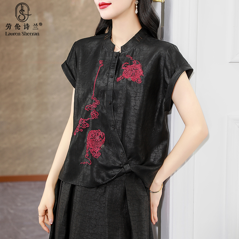 中国风高端刺绣龟裂纹香云纱上衣女短袖夏季新款时尚气质真丝衬衫