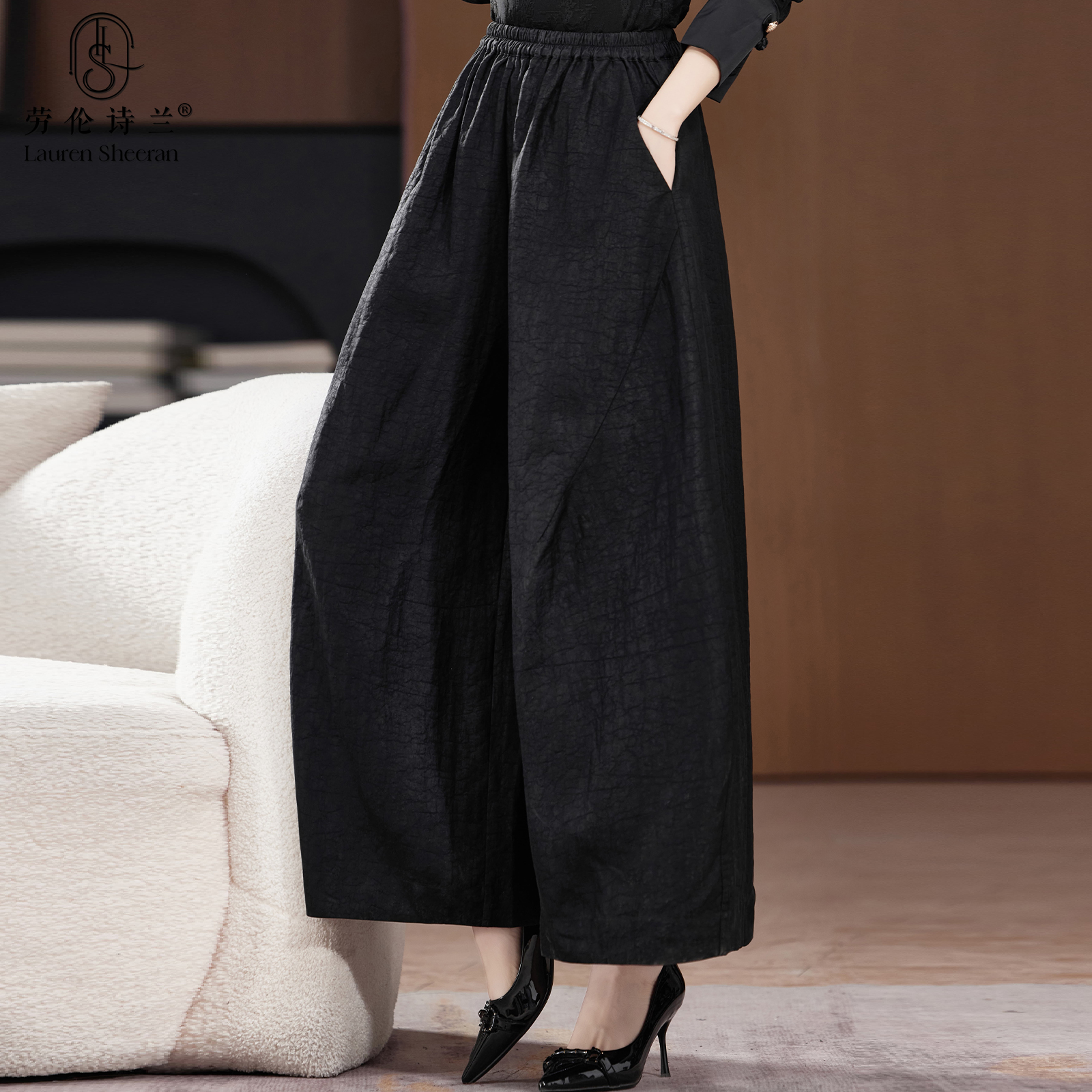 正宗杭州龜紋香云紗真絲闊腿褲女