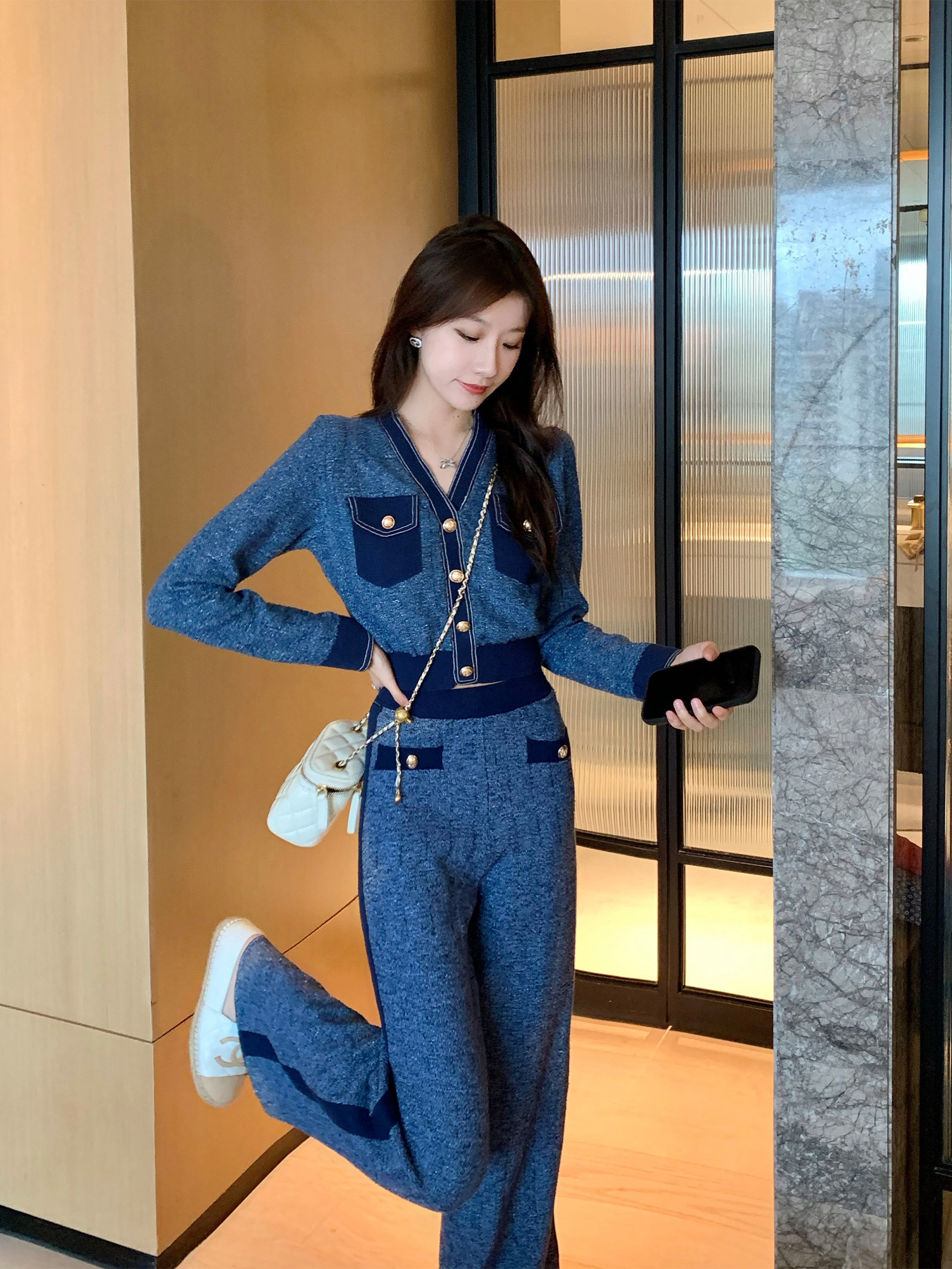 MUEL 오리지널 스몰 향수 니트 슈트 2024 새로운 여성 가을 ??연예인 기질 하이 엔드 외국 스타일 투피스 세트