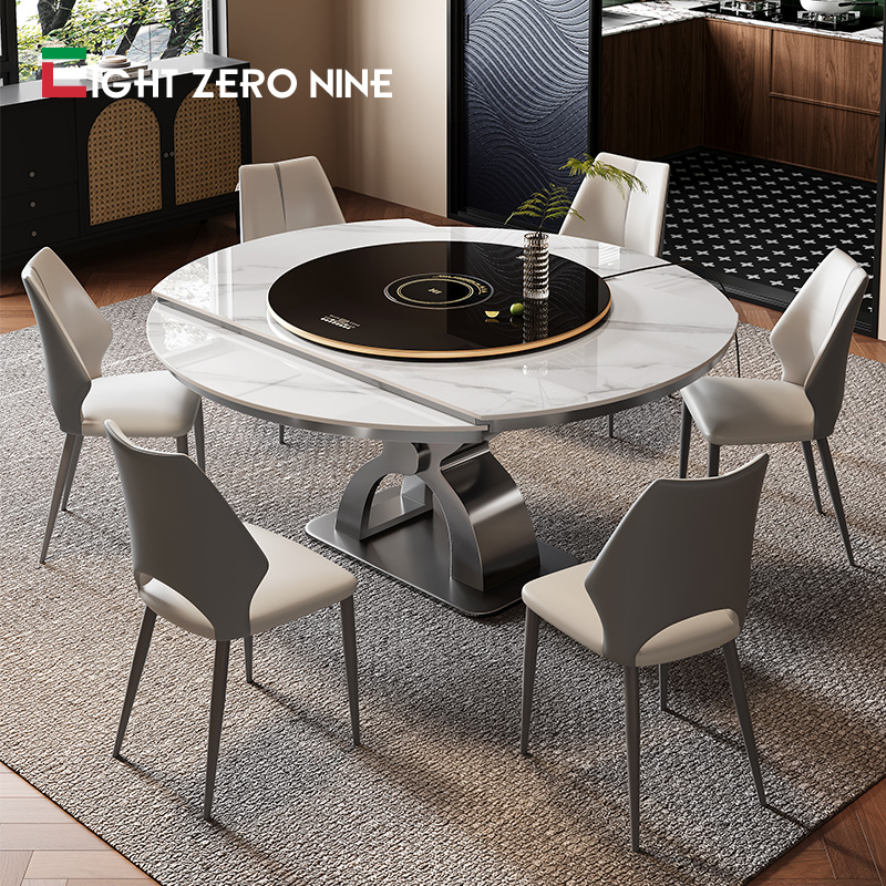 设计师方圆两用餐桌家用小户型变形抽拉靠墙亮光岩板餐桌椅子组合