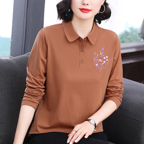 妈妈新款纯棉长袖翻领刺绣T恤杉女装秋季宽松中年POLO衫休闲上衣