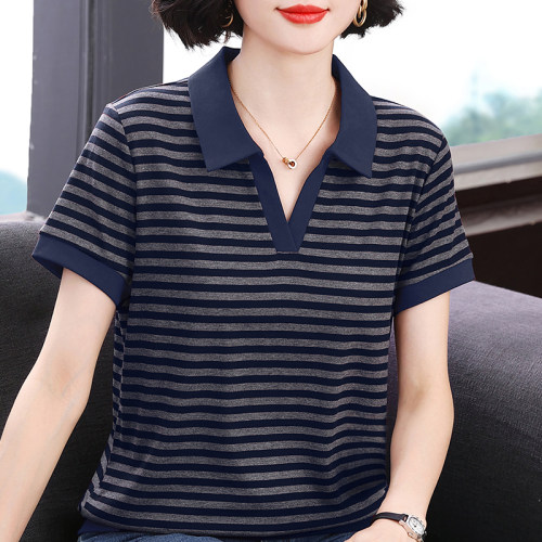 妈妈装新款翻领条纹短袖T恤衫女装中年减龄时尚宽松夏装休闲上衣