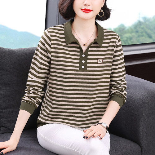 妈妈新款翻领条纹打底衫