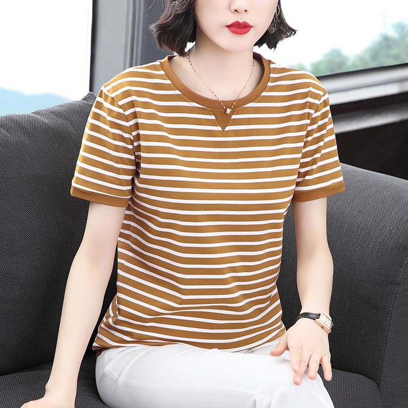 妈妈夏季纯棉条纹短袖T恤杉2025新款中老年女装时尚百搭修身上衣