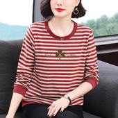 新款 纯棉条纹长袖 T恤女装 妈妈秋季 上衣中老年宽松烫钻洋气打底衫