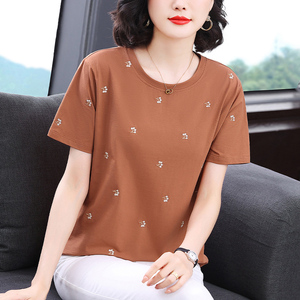 妈妈圆领休闲短袖T恤衫2024新款中年女士刺绣宽松洋气半袖体恤衫