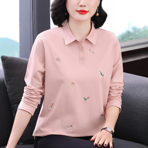 妈妈翻领纯棉长袖T恤衫春秋季新款刺绣中年女减龄宽松上衣polo衫