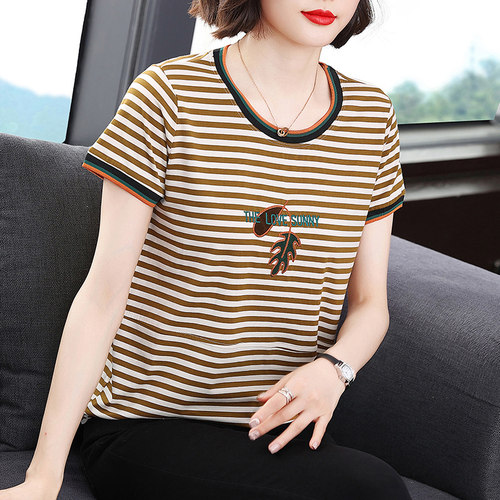 茵佩妮夏季妈妈条纹刺绣T恤衫