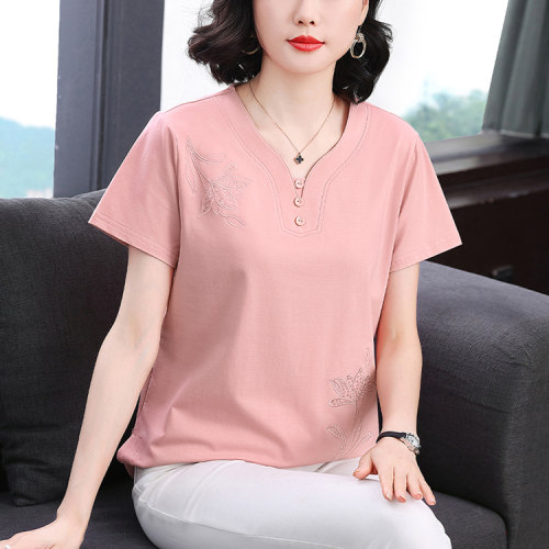 妈妈装V领纯棉短袖T恤衫女2026新款夏季中年女士刺绣宽松半袖上衣