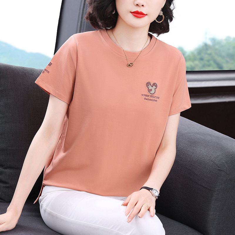 妈妈纯色圆领刺绣短袖T恤衫2025新款夏季中老年女士纯棉宽松上衣