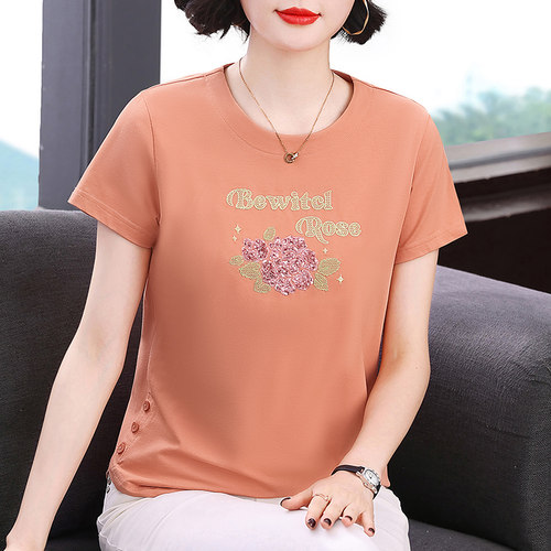 妈妈装新款纯棉刺绣短袖T恤衫女装中年时尚宽松夏季休闲百搭上衣