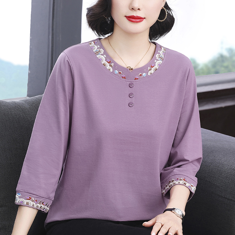 妈妈装洋气七分袖纯棉T恤女2025春秋新款中老年大码上衣中袖小衫