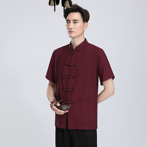 中国风唐装男夏季中青年传统中秋节服装男士亚麻修身薄款透气汉服
