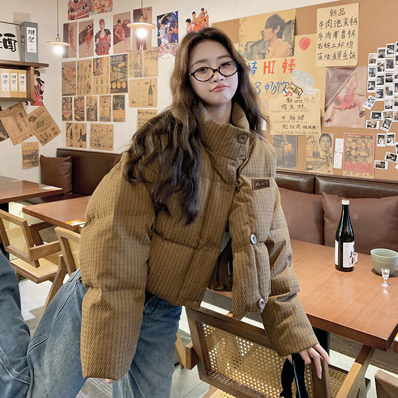 咖色短款立领加厚羽绒服女冬2024新款小个子时尚面包服白鸭绒外套